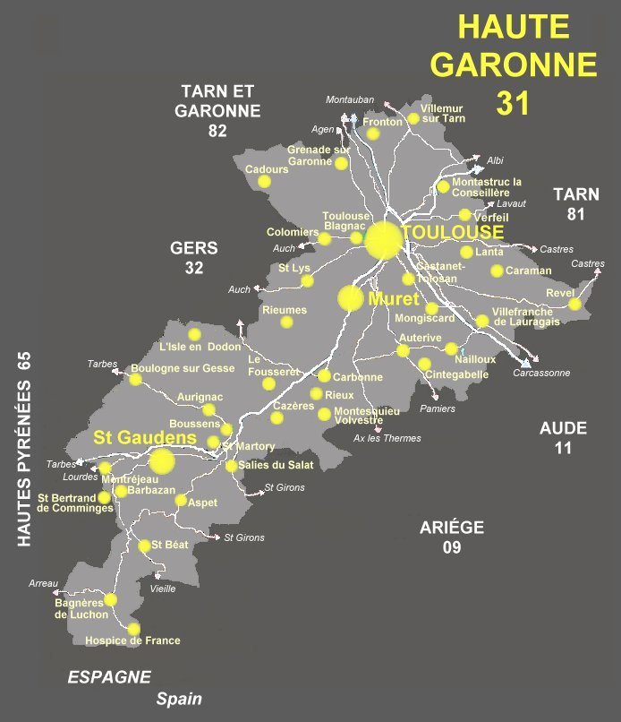 Carte de Haute Garonne, cartes des principales localits Art Antiquits de  Haute Garonne