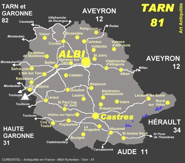 Carte du Tarn, cartes des principales localits Art Antiquits du Tarn