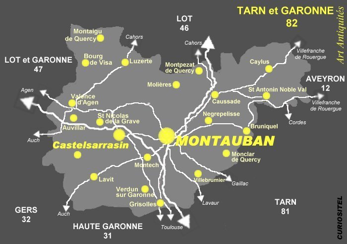 Carte du Tarn et Garonne, cartes des principales localits Art Antiquits du Tarn et Garonne